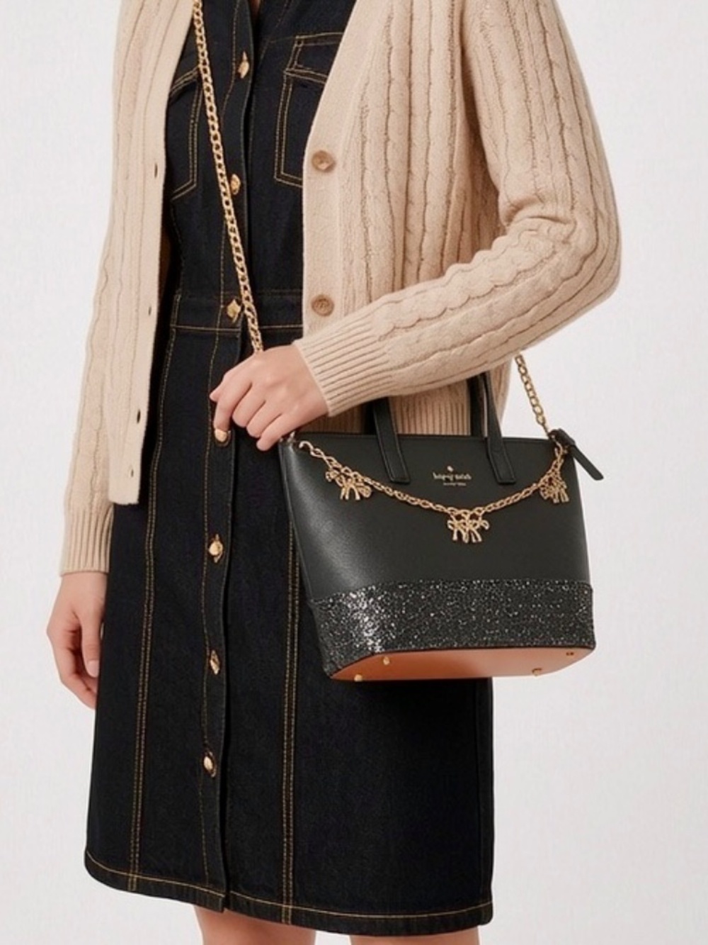 Kate Spade Black Glitter Saffiano Tote with Gold Chain Charm